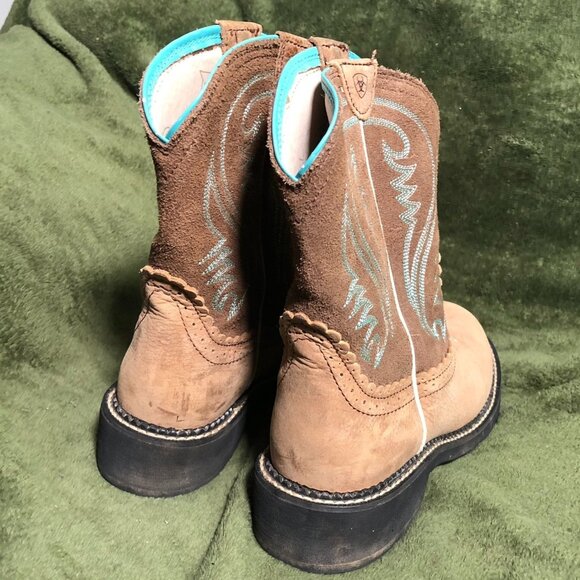 Ariat Womens Fatbaby Heritage Western Cowboy Boots 10B Suede Tan Blue Pull On - Picture 8 of 16